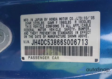 2006 Acura Rsx z USA, uszkodzony, nr VIN JH4DC53866S006713